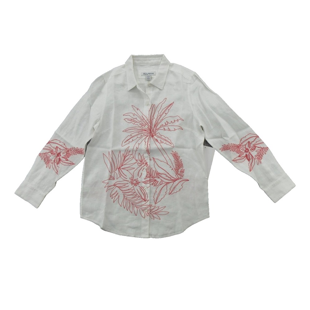 Tommy Bahama Womens Blouse Small Calypso Pink Palms Linen Embroidered New